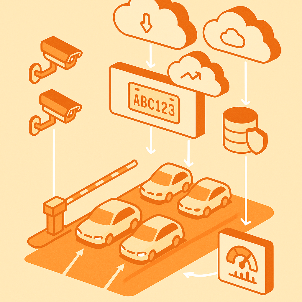 Layered diagram showing LPR cameras reading plates and sending data to cloud billing, pricing, and enforcement modules.