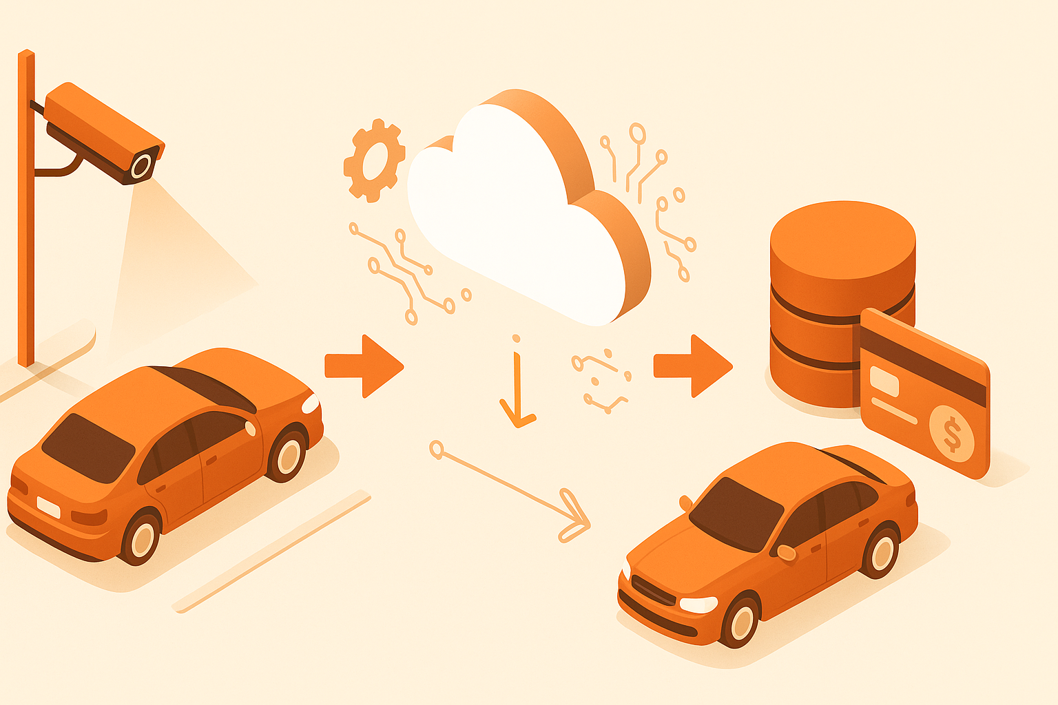 Sequential diagram of car, LPR camera, cloud analysis, payment processing, and car exit in gateless workflow