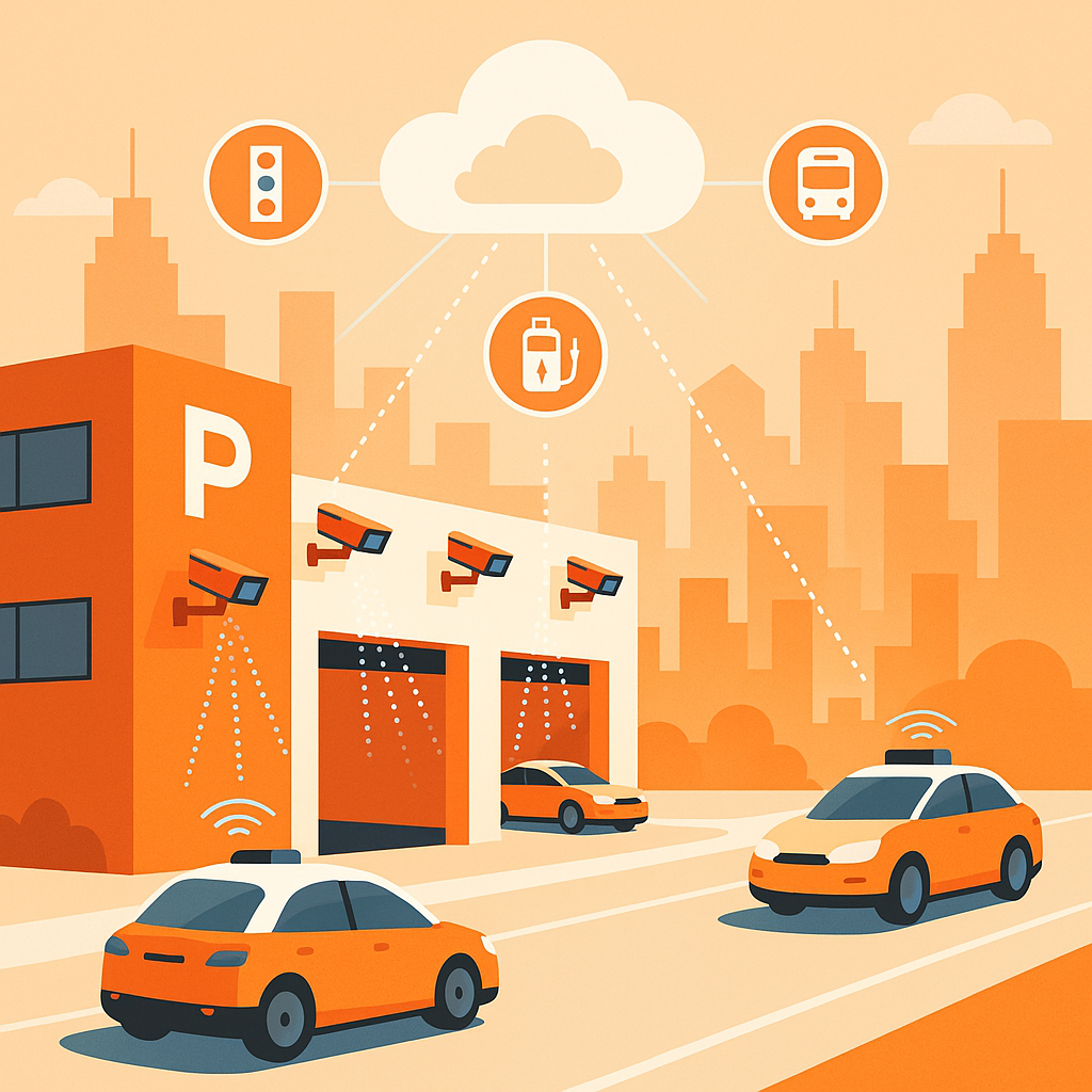 Smart city concept showing LPR cameras linking autonomous vehicles, cloud data, and urban infrastructure