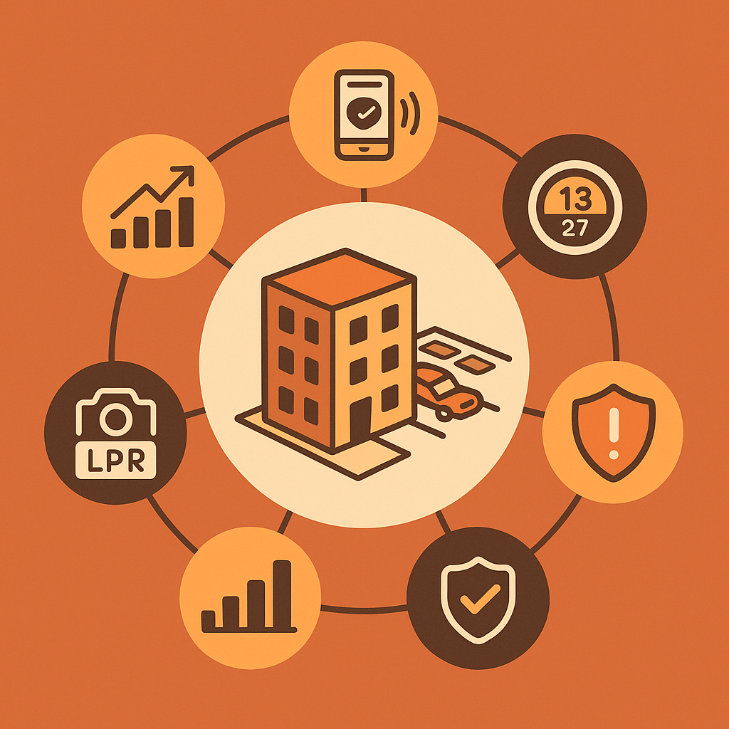 Radial diagram of apartment parking software core features around central building and lot
