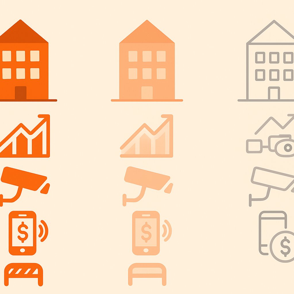 Three-column icon chart contrasting feature coverage between three parking software platforms