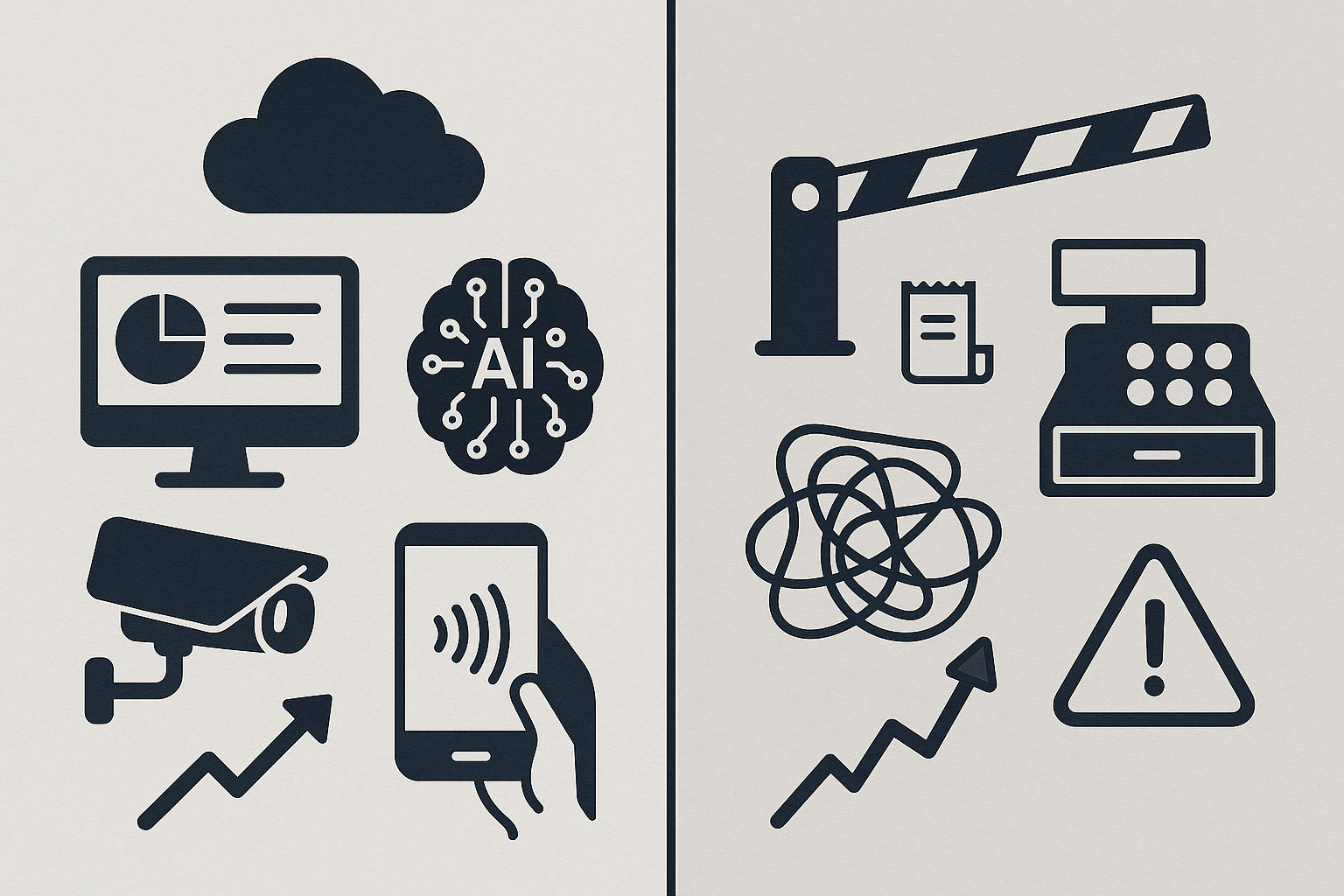 Side-by-side icons contrasting advanced AI-based parking tools with outdated gate and ticket systems.
