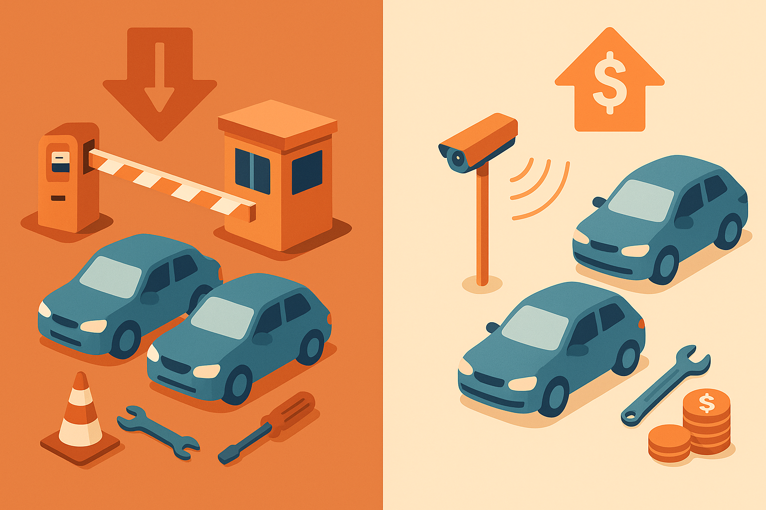 Vector comparison of costly gated hardware versus revenue-boosting gateless camera system