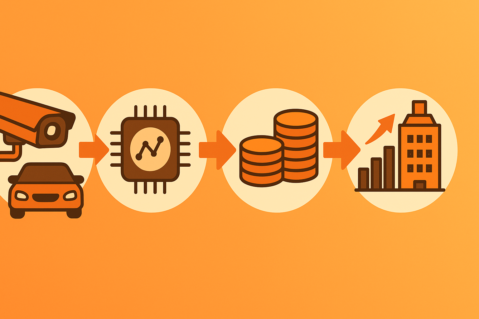 Flow illustration linking camera data to pricing, revenue growth, higher NOI, and asset value