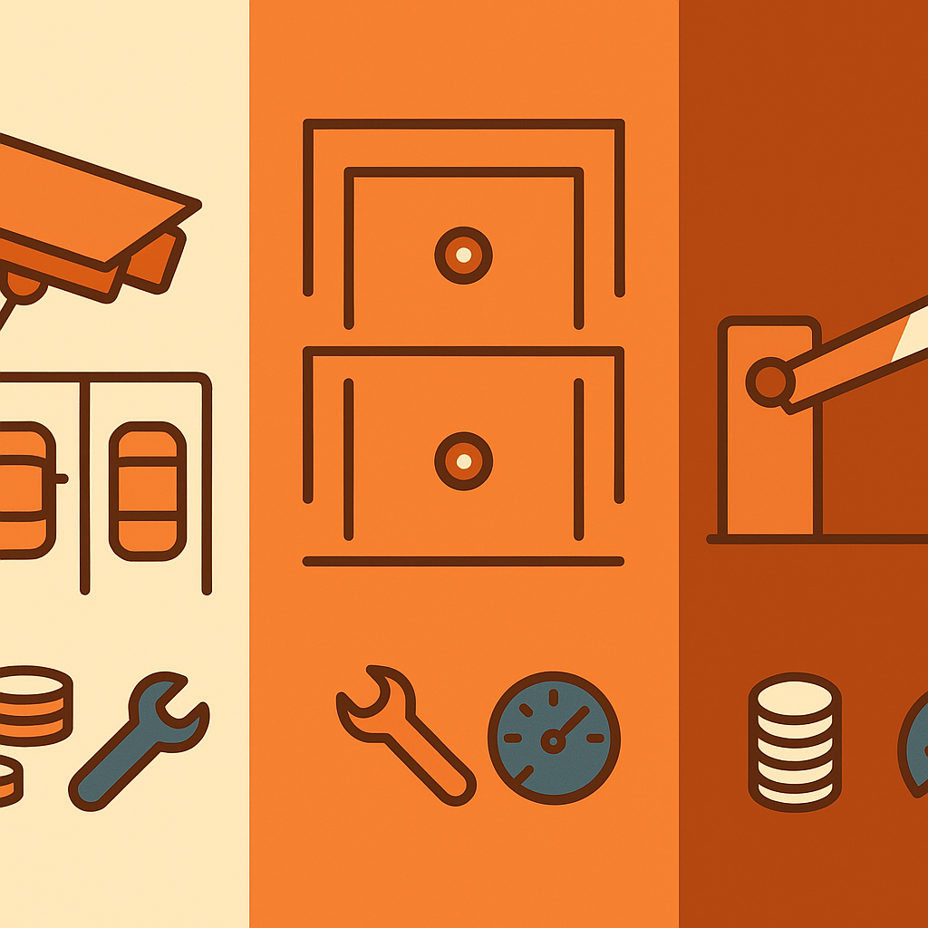 Side-by-side illustration comparing cameras, in-ground sensors, and gated systems for parking management