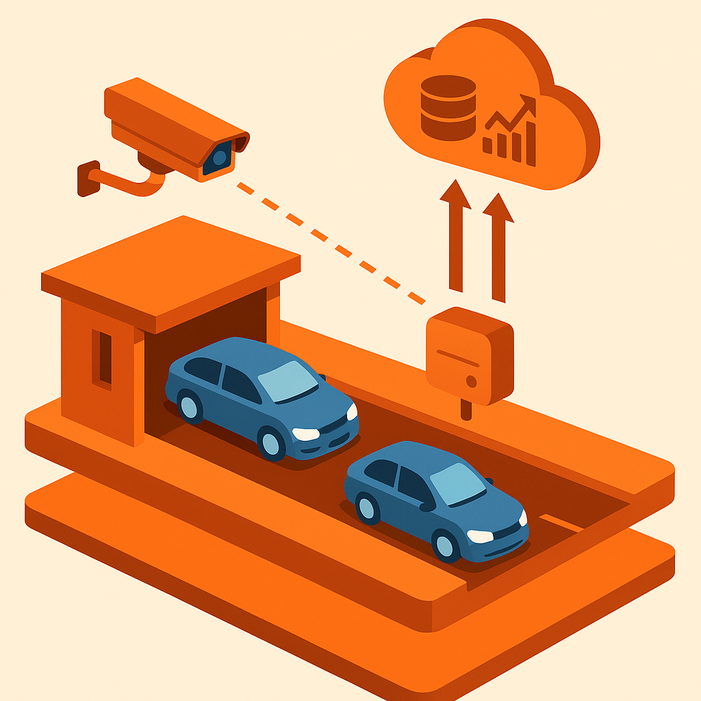 Layered diagram of camera-based parking system showing cameras, edge processor, and cloud data flow