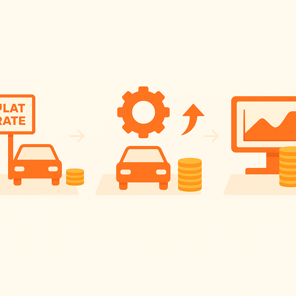 Conceptual graphic of parking lots evolving to dynamic pricing and real-time insight with rising revenue stacks.