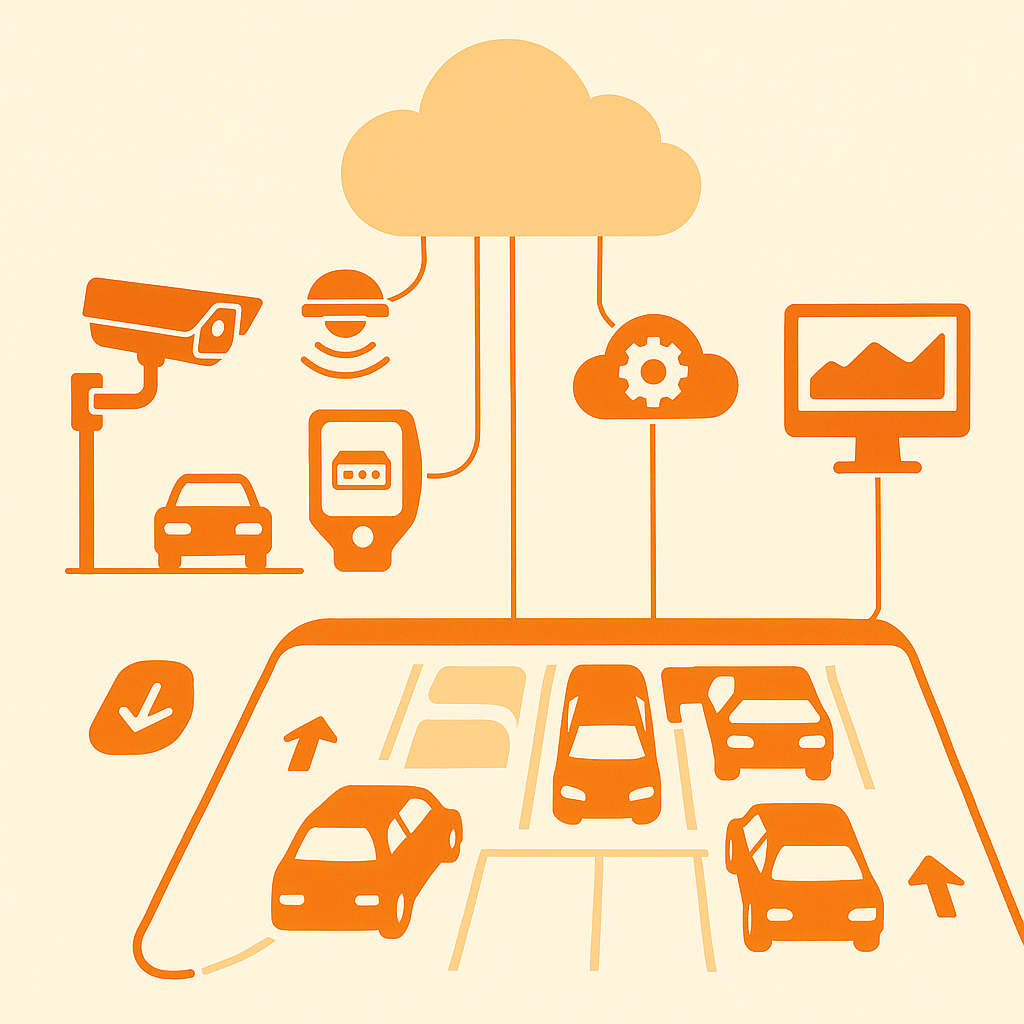 Diagram of LPR, occupancy sensors, enforcement device, dynamic pricing engine, and dashboard unified in the cloud.