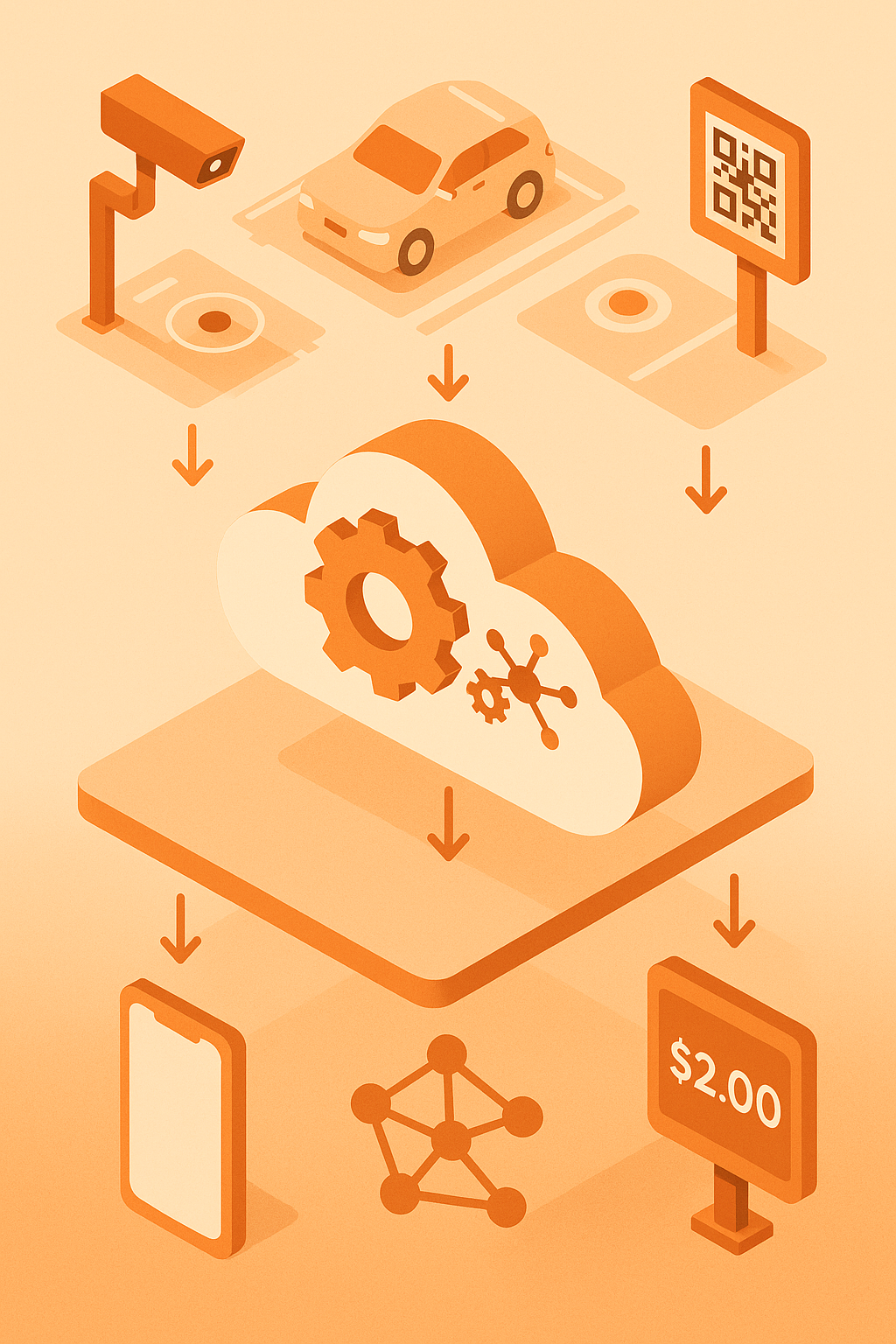 Isometric vector diagram of parking sensors feeding data to a cloud engine that pushes dynamic rates to apps and signage