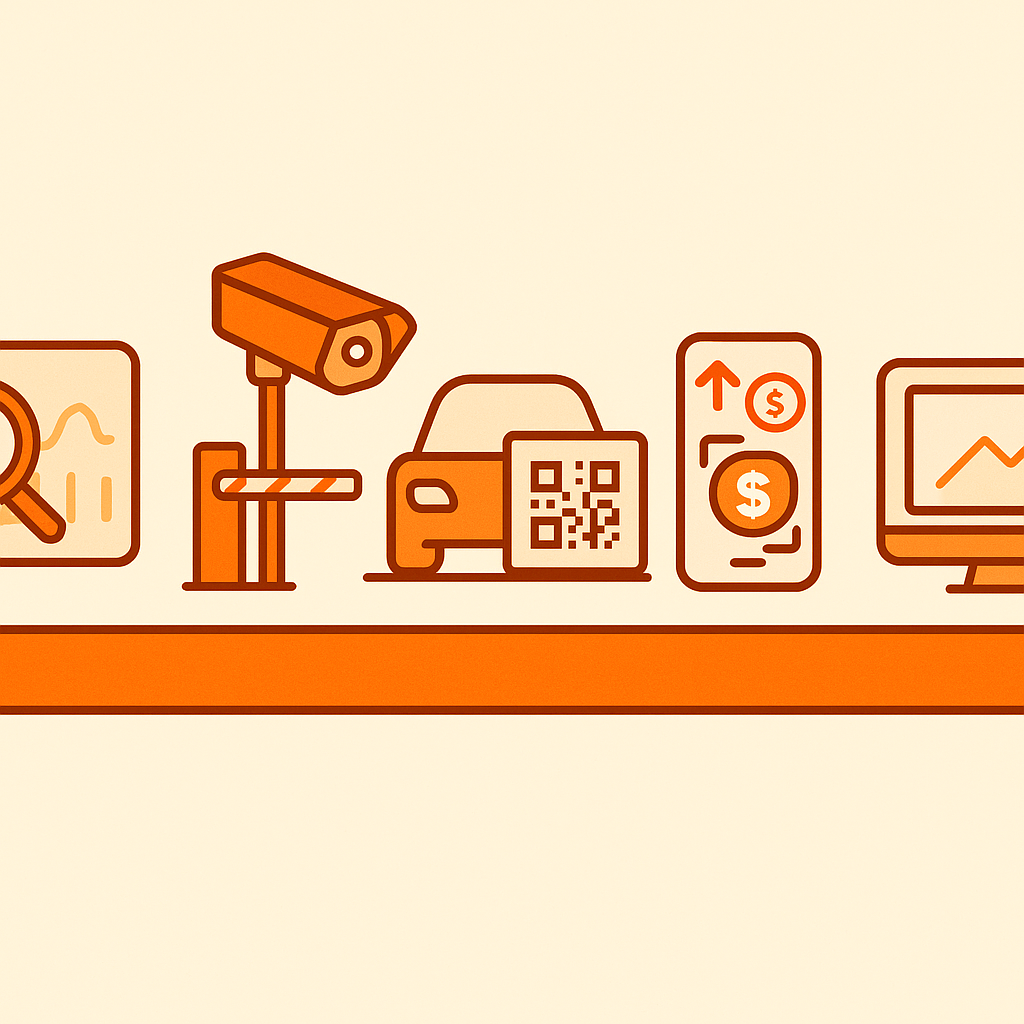 Timeline of five icons showing baseline tracking, camera install, QR signage, aggregator sync, and monitoring