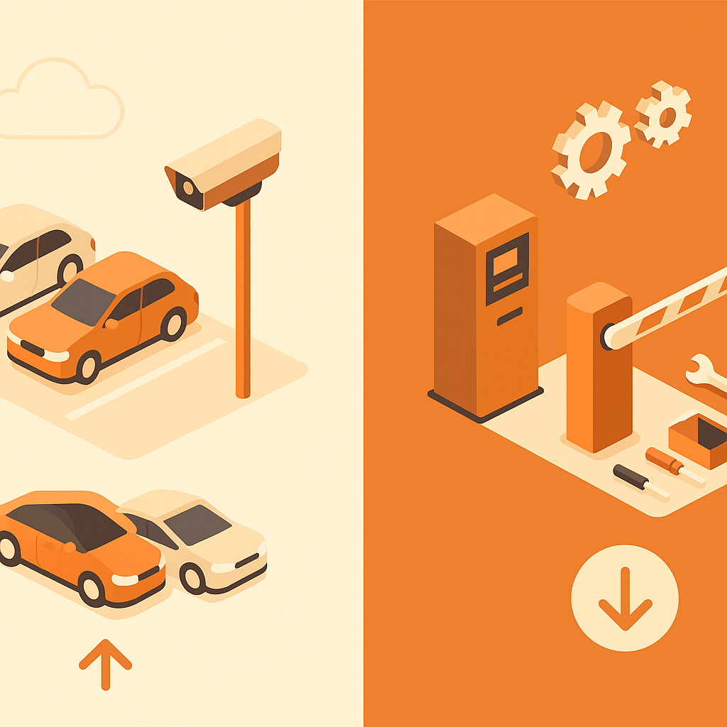 Split graphic comparing gateless LPR setup with revenue growth to bulky gated system with higher costs