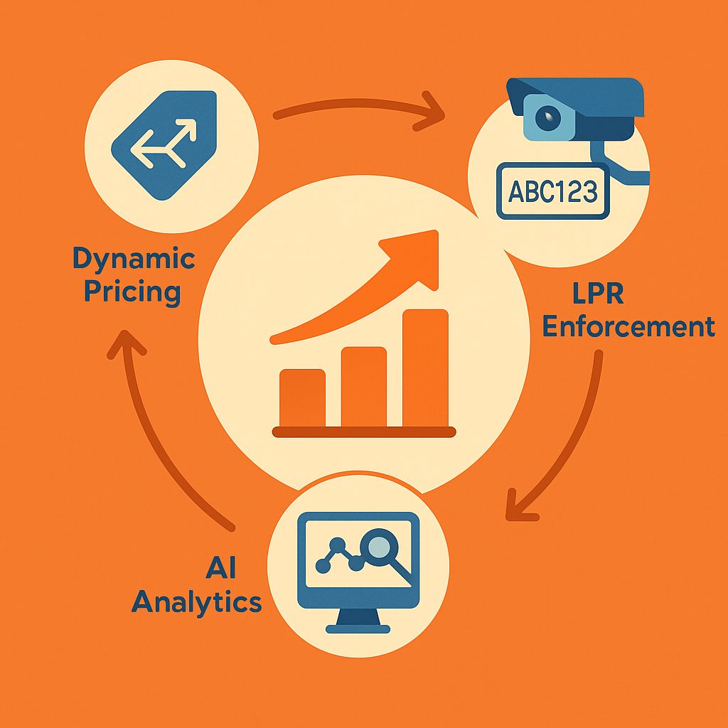 Triad illustration linking dynamic pricing, LPR cameras, and analytics to an upward NOI bar graph