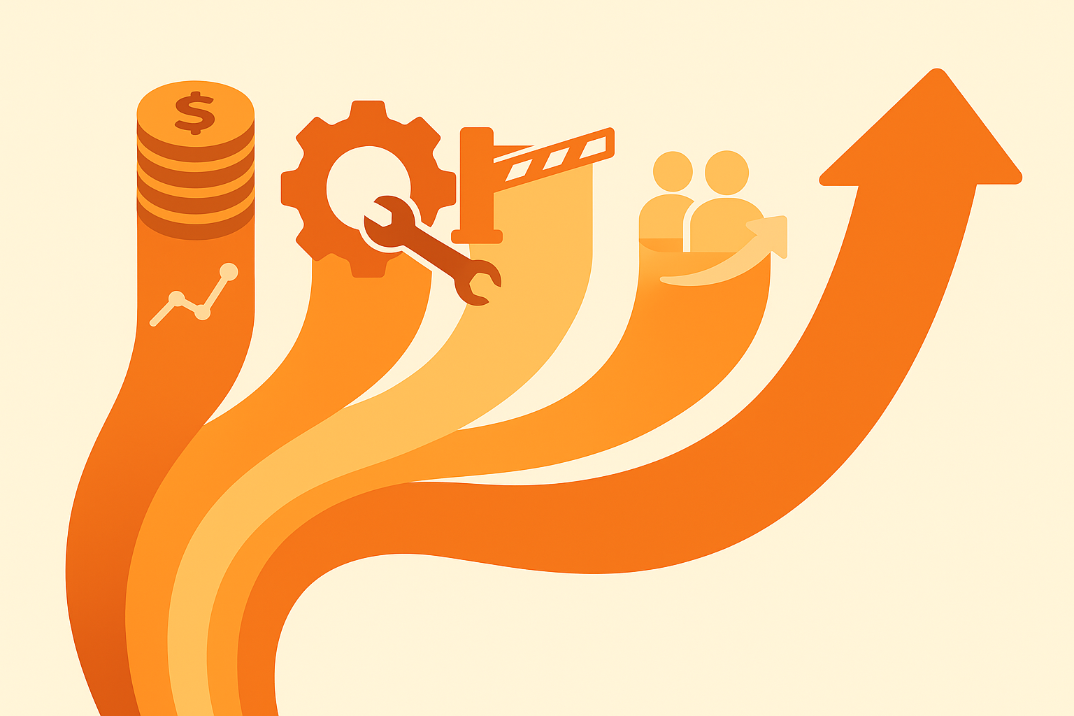 Ribbons for pricing, maintenance cuts, and staffing savings merge into an upward arrow symbolizing higher NOI