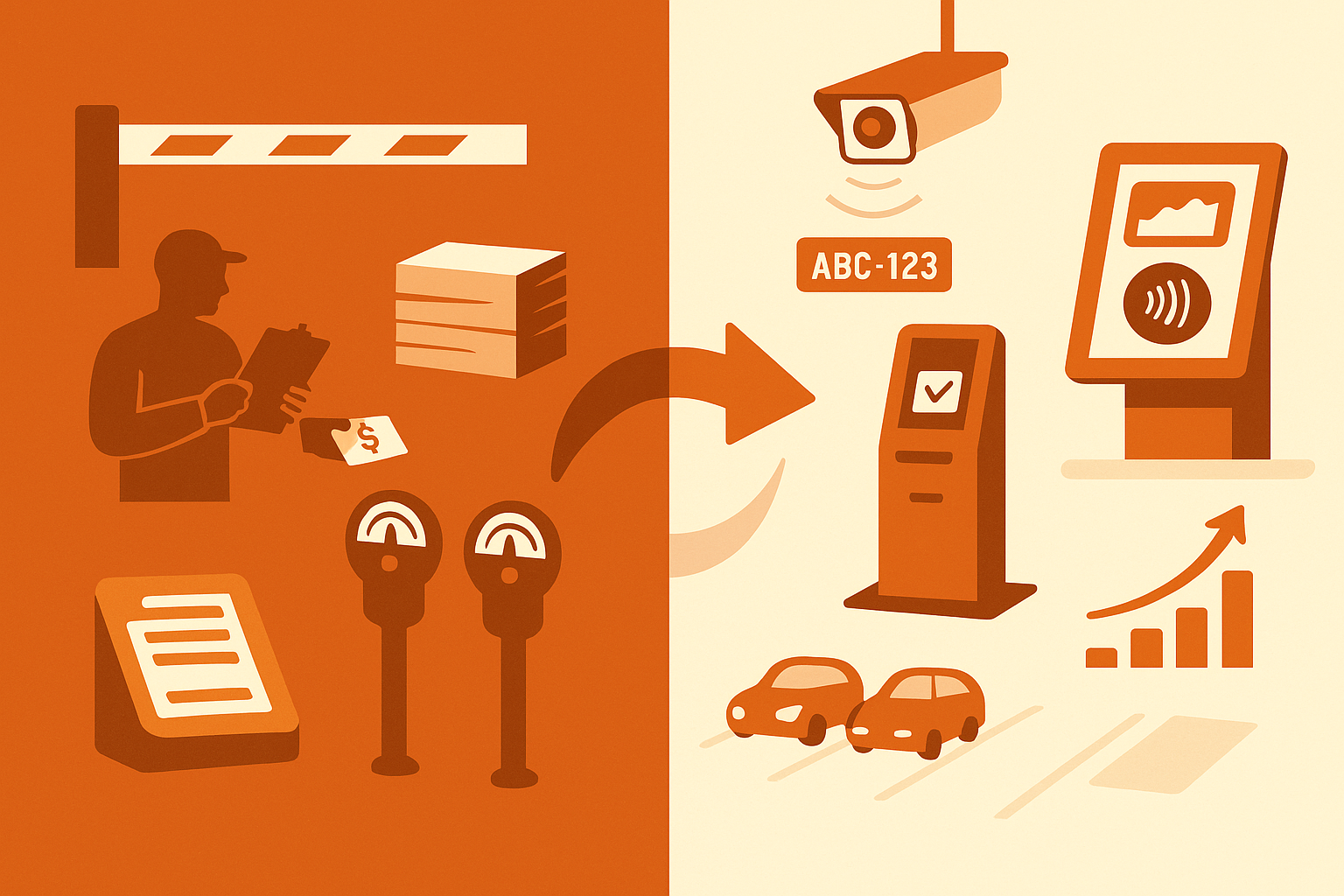 Vector comparison of legacy cash-based parking setup versus modern automated full-stack system.