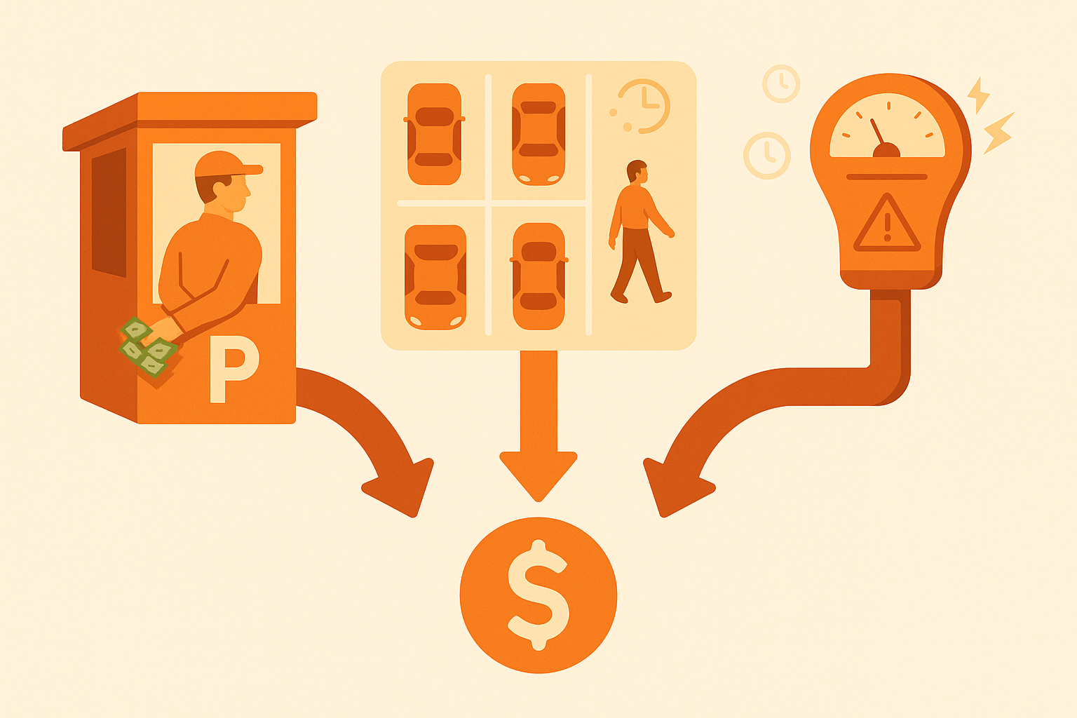 Vector diagram of cash skimming, lax enforcement, and faulty meters funneling money into loss.