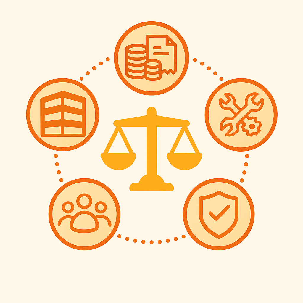 Icons representing size, revenue, maintenance, staffing, and compliance encircling a central ROI scale
