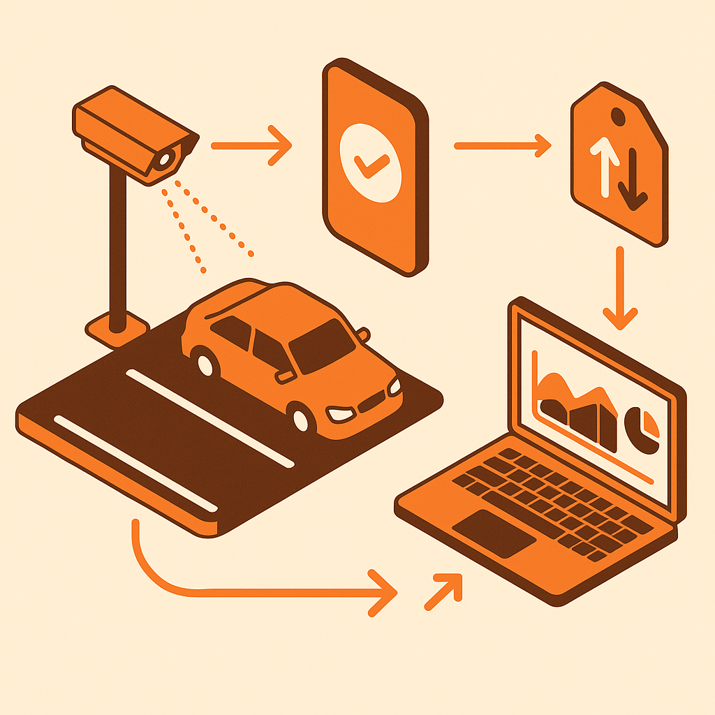 Diagram linking LPR camera, mobile payment, analytics dashboard, and dynamic pricing in a gateless parking flow