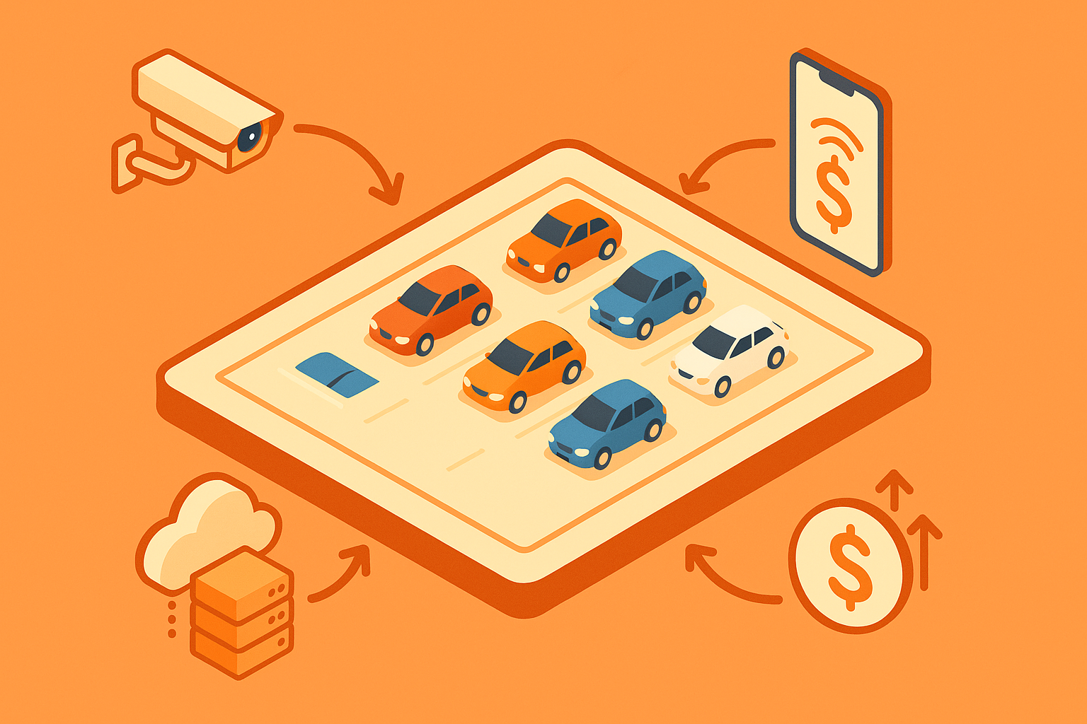 Integrated diagram of cameras, mobile payment, cloud analytics, and dynamic pricing converging on a gate-free parking. 