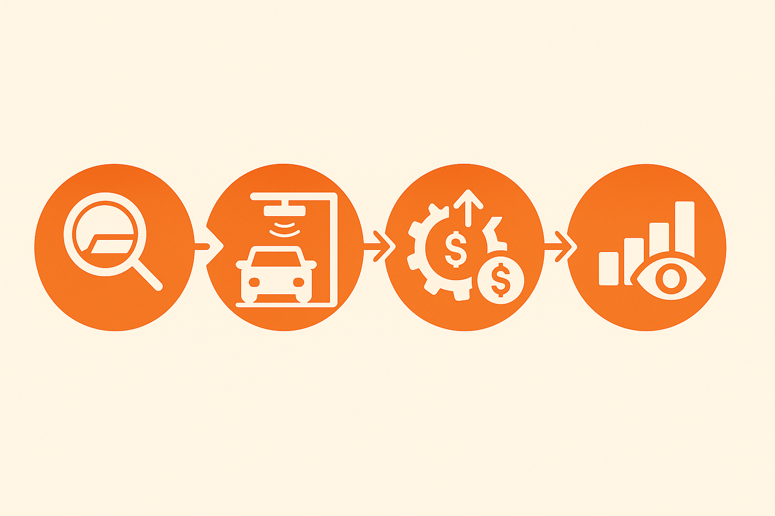 Four-icon flowchart depicting steps to deploy parking dynamic pricing from baseline to refinement.