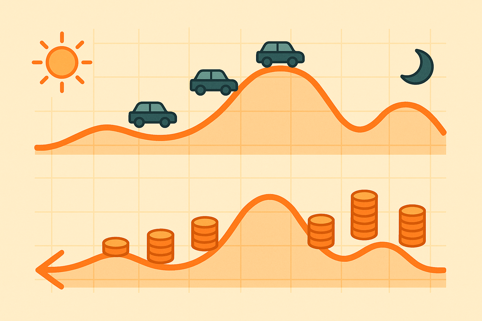 Vector illustration of occupancy and parking rates shifting through the day at a mixed-use garage.