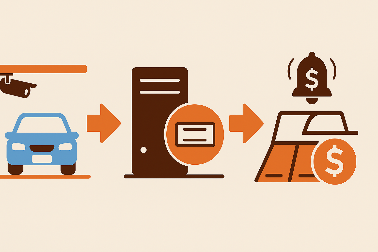 Flow illustration of LPR camera capturing a car plate, system verification, and revenue recovery alert
