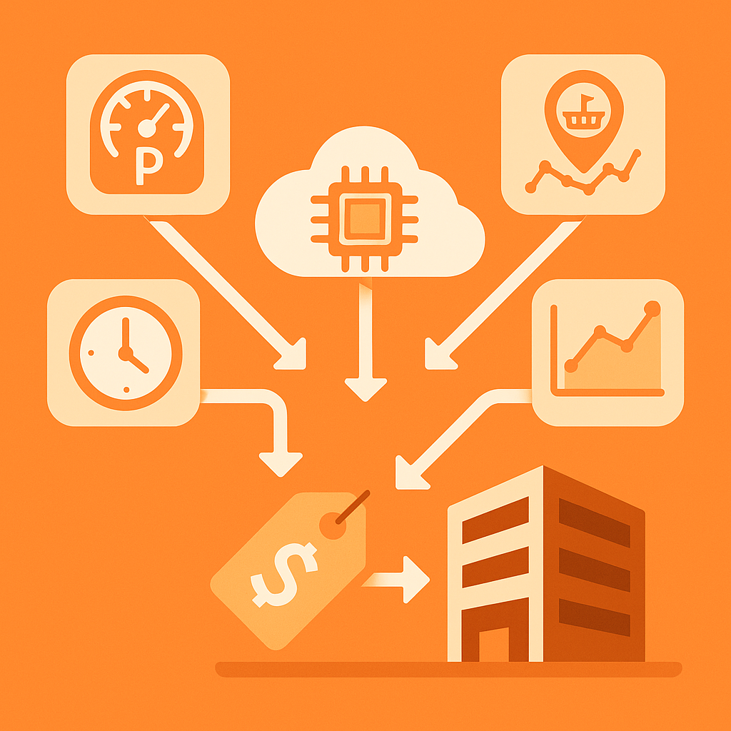 Dynamic pricing diagram with demand inputs flowing into an algorithm that outputs optimized parking rates