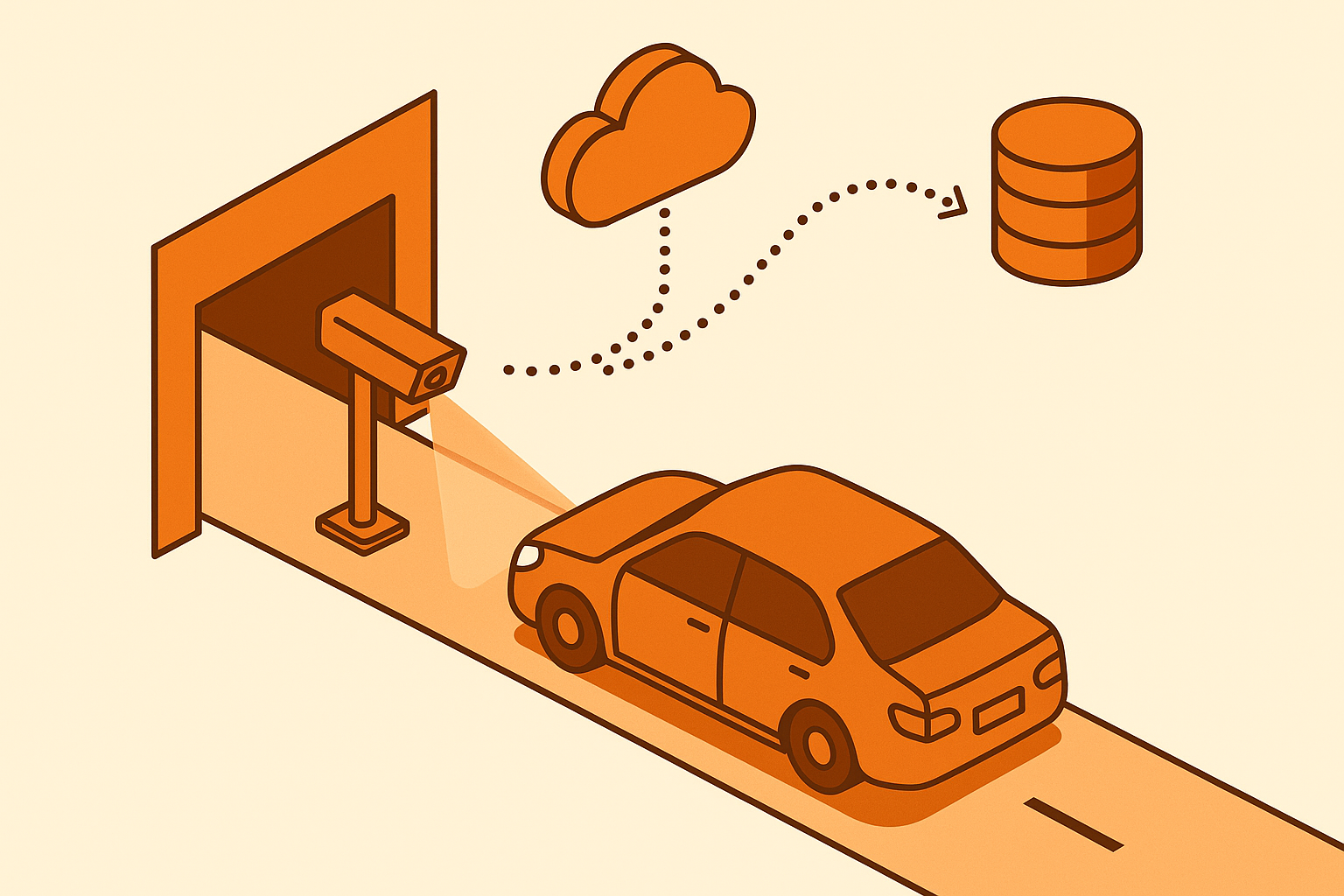Diagram of license-plate camera sending data to cloud and database to grant gate-free entry