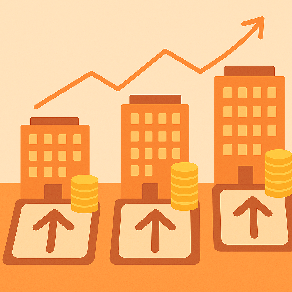 Abstract illustration of apartment garages with upward arrows and coins indicating rising parking revenue