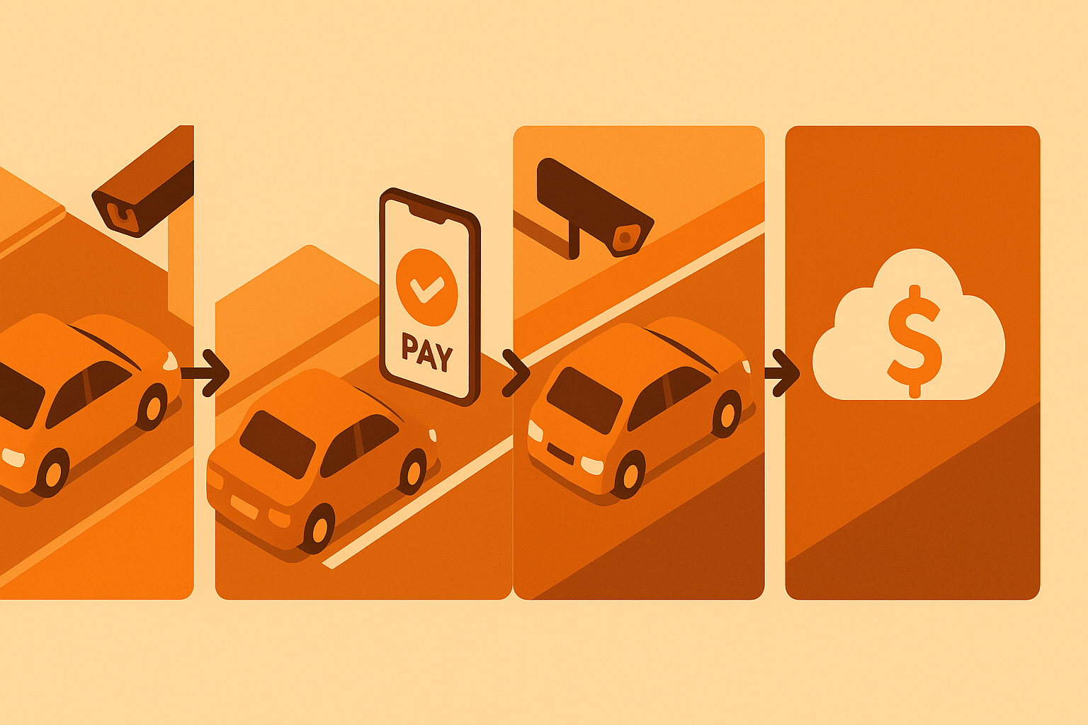 Four-step flow of car, LPR cameras, mobile payment, and automatic exit in a gateless parking process