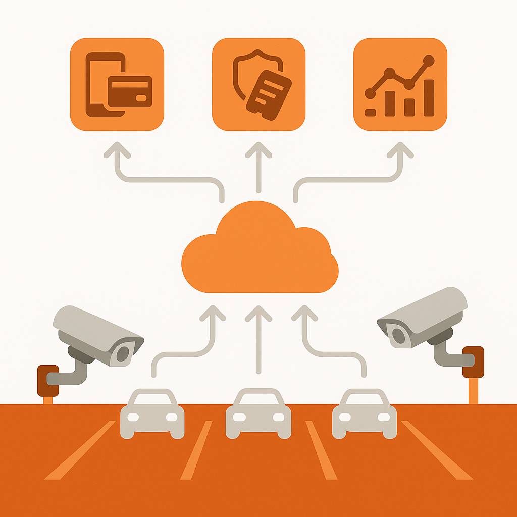 Layered diagram of LPR cameras feeding data to cloud, branching to payment, enforcement, and analytics modules