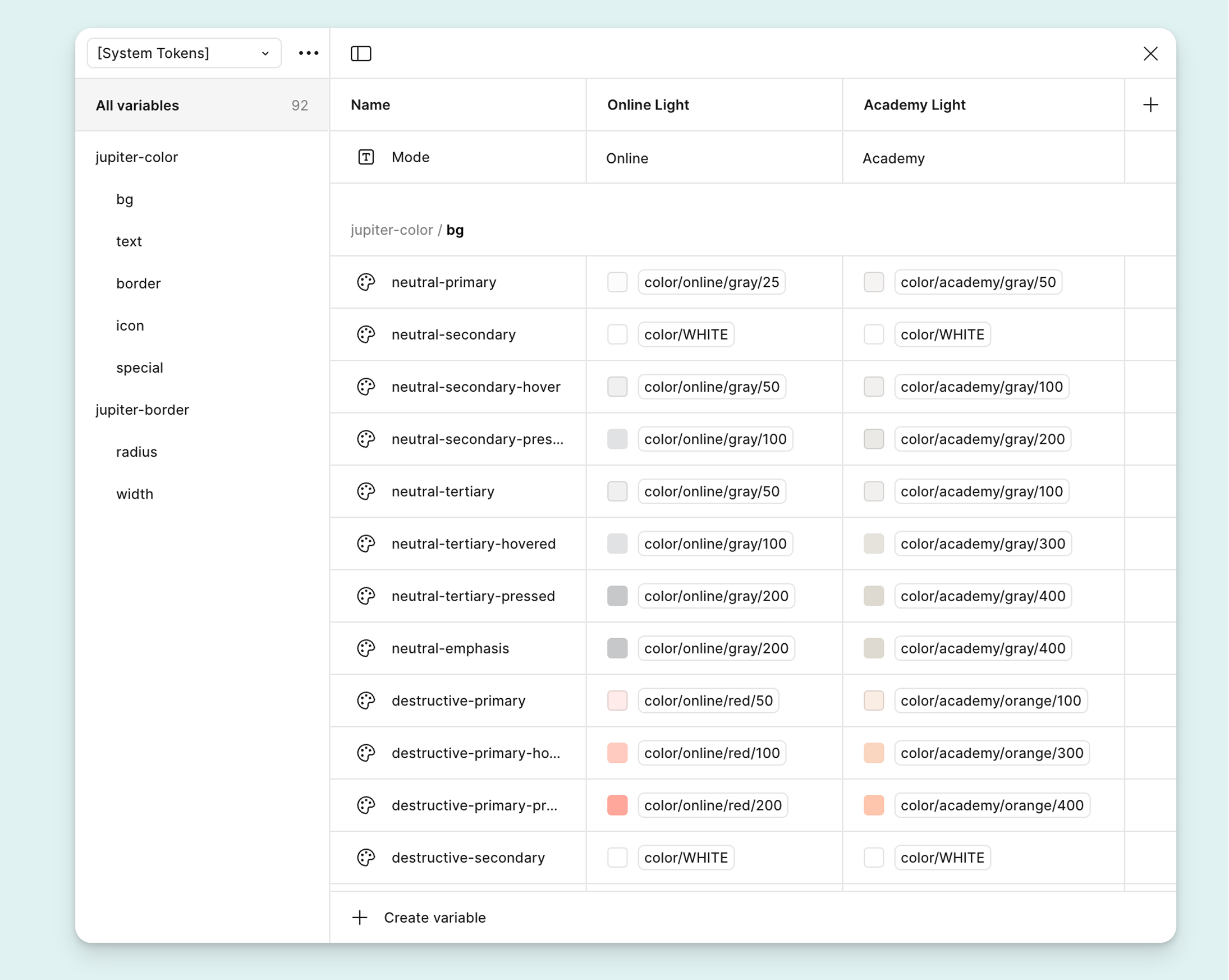 screenshot of tokens as displayed on Figma