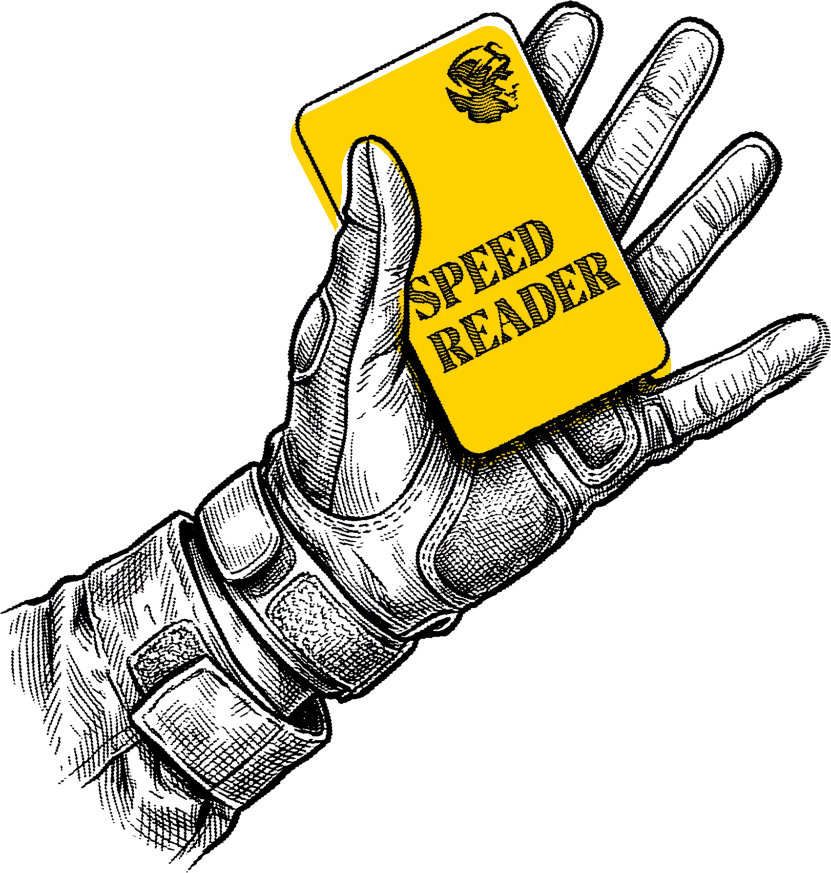 Illustrated hand holding a Speed Reader pass from TLDR Media.
