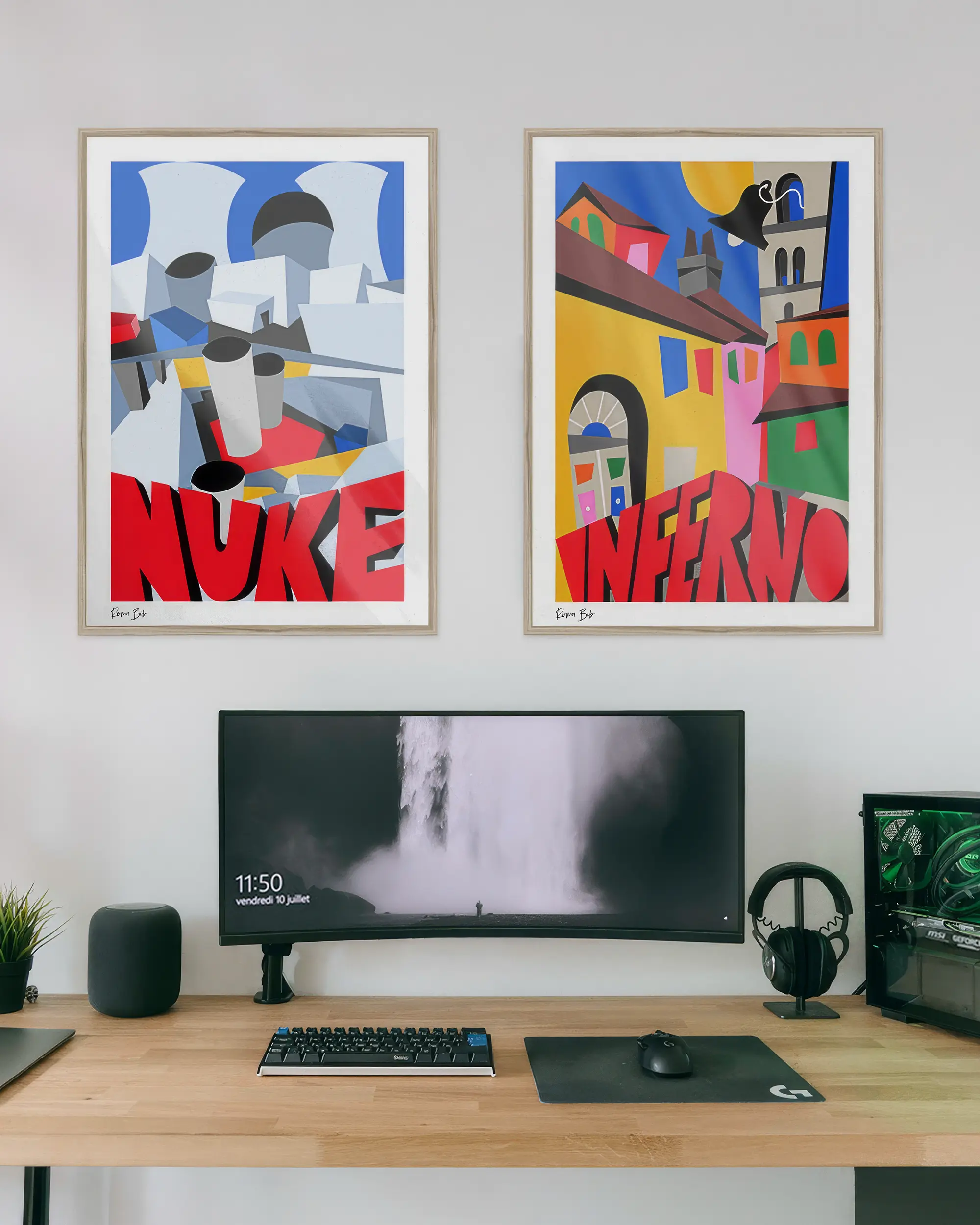 Modern computer setup with ultrawide monitor, keyboard, mouse, headphones, and two colorful framed Counter-Strike inspired posters above.