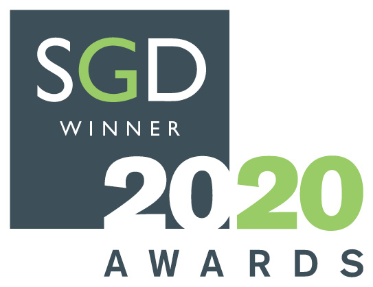 Logo for the SGD Awards 2020 winner, featuring 'SGD' in a dark square, with 'WINNER' below and '2020 AWARDS' beside it, using white and green text on a white background.
