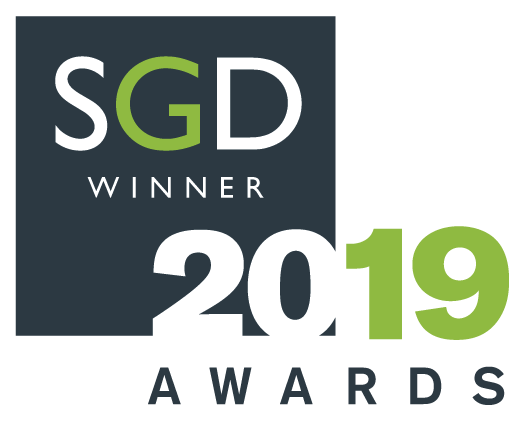 SGD winner 2019 awards logo with SGD in a dark square and 2019 in large numbers below it.