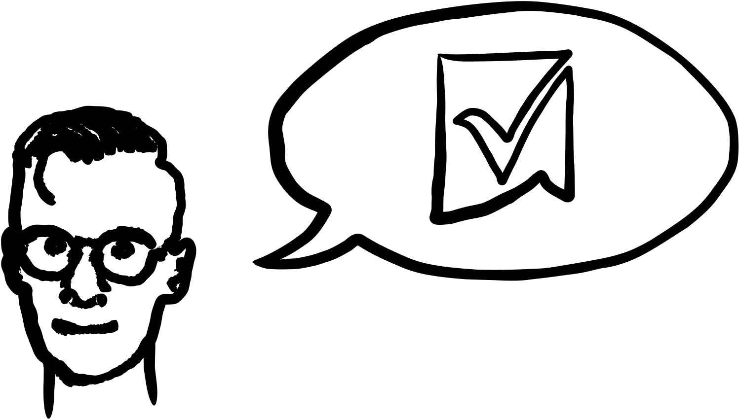 A sketch drawing of Sam's head with a speech bubble to the right. The smartsheet checkmark logo is inside the speech bubble.