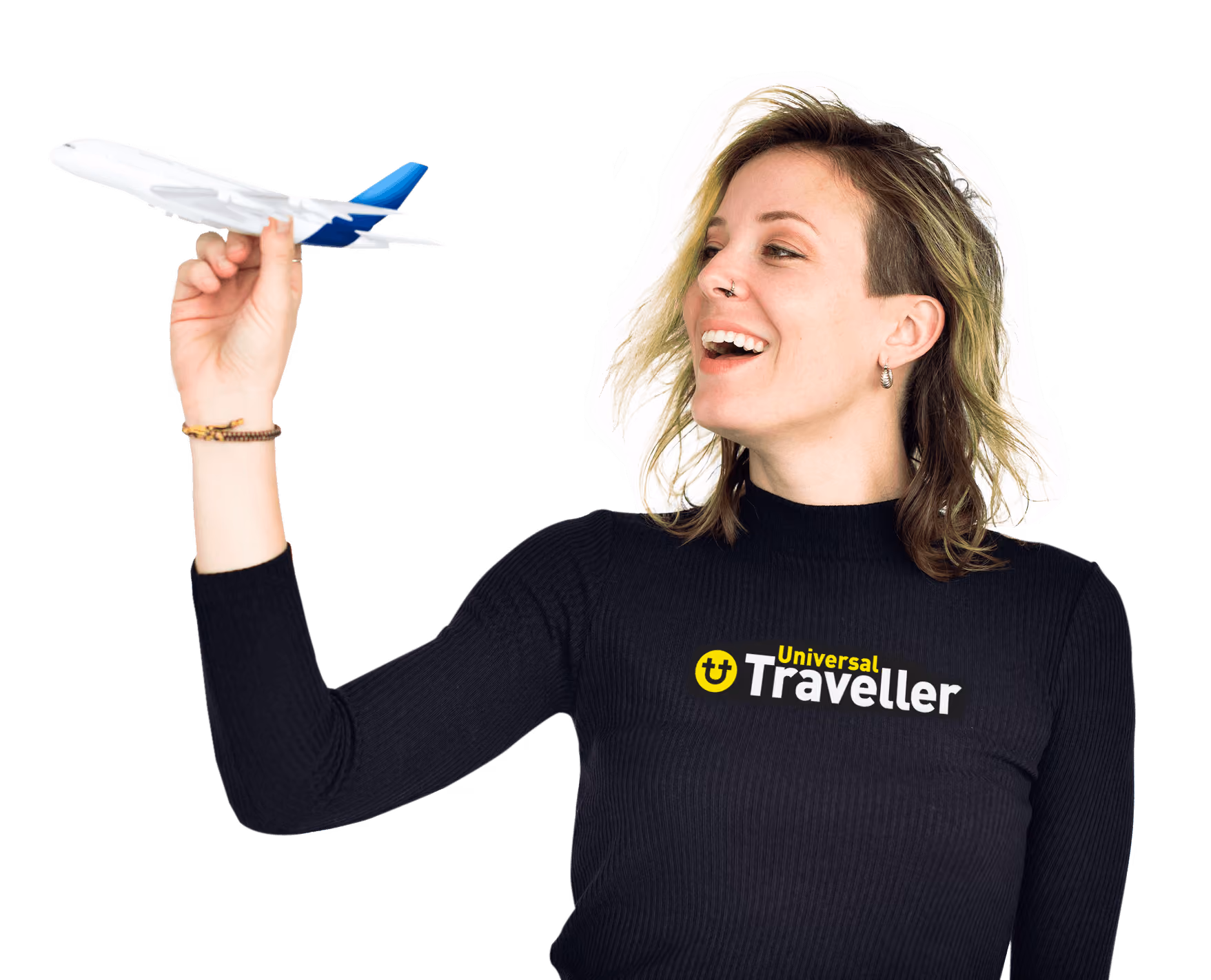 universal traveller team member holding a toy aeroplane