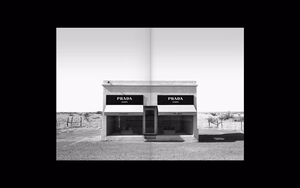 Portfolio Archive from graphic designer Laura Jouan, 2015-present. "Black and white photo of a small Prada storefront with two awnings, situated in a barren desert landscape."