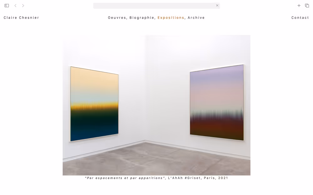 Portfolio Archive from graphic designer Laura Jouan, 2015-present. Website: "Two large abstract gradient paintings with blurred horizontal color transitions displayed on adjacent white walls in a minimalist gallery corner."