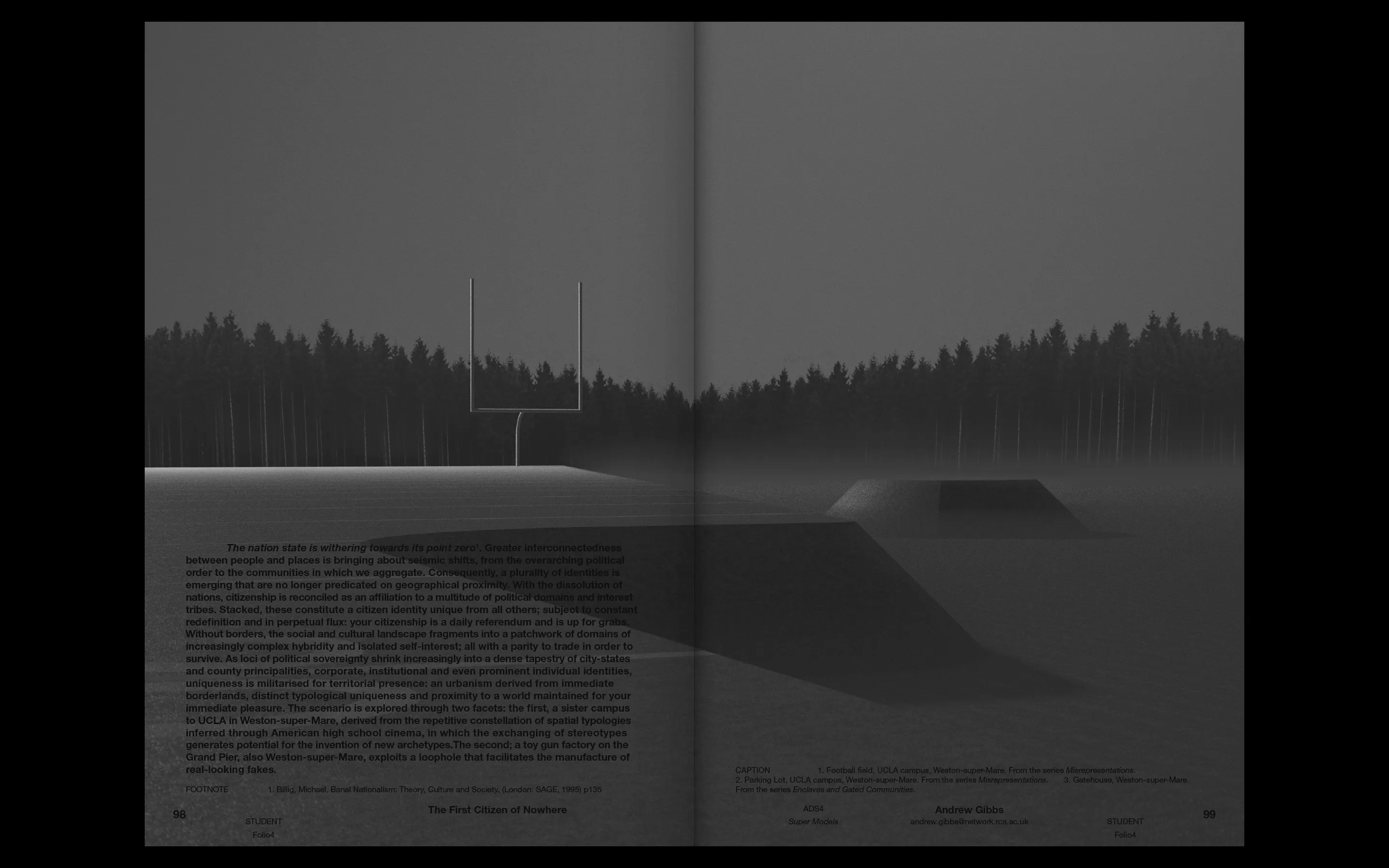 Portfolio Archive from graphic designer Laura Jouan, 2015-present. "Black and white photograph of a football field with goalposts and a parking lot shrouded in fog, bordered by a dense forest in the background."
