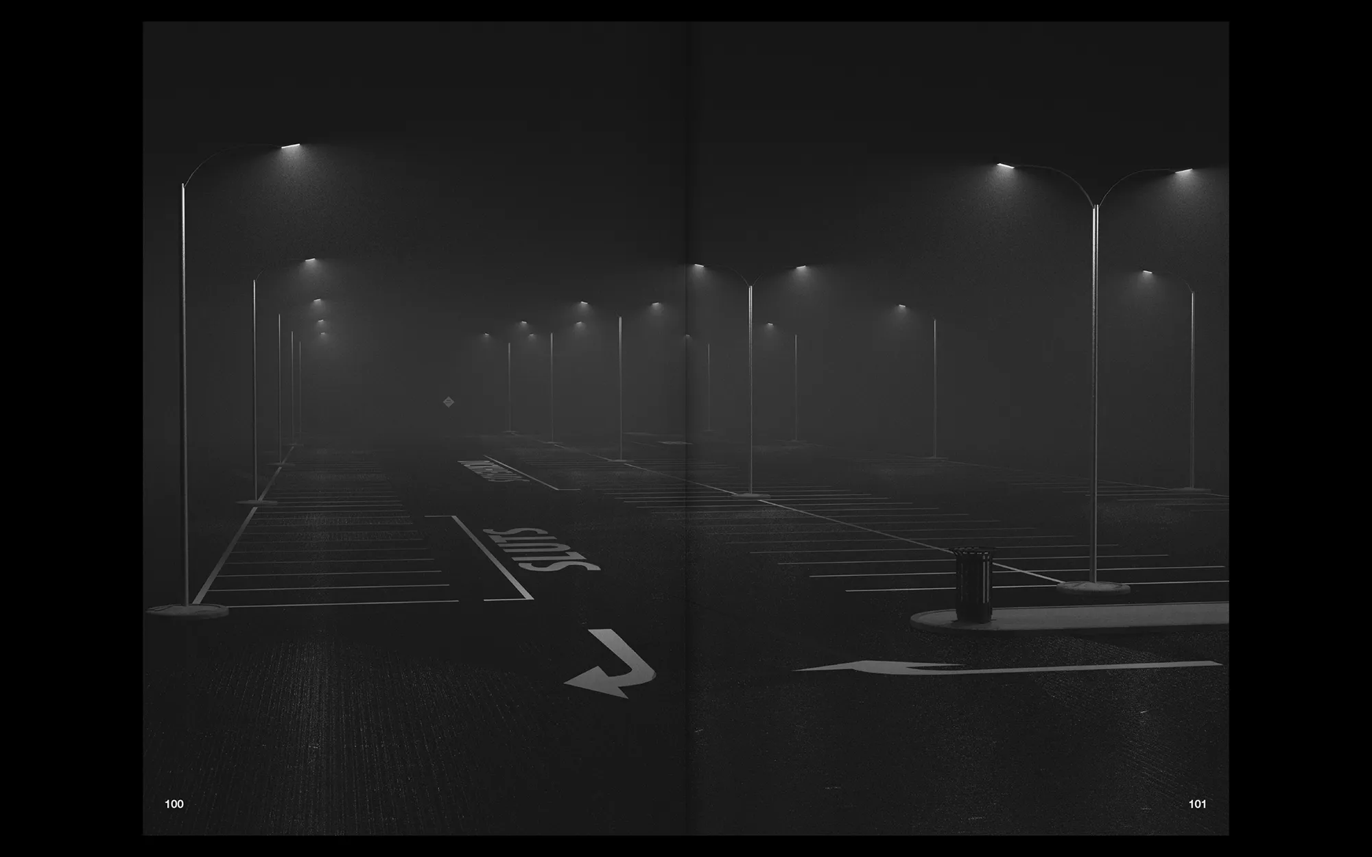 Portfolio Archive from graphic designer Laura Jouan, 2015-present. "Empty parking lot at night illuminated by evenly spaced street lamps in a foggy atmosphere."
