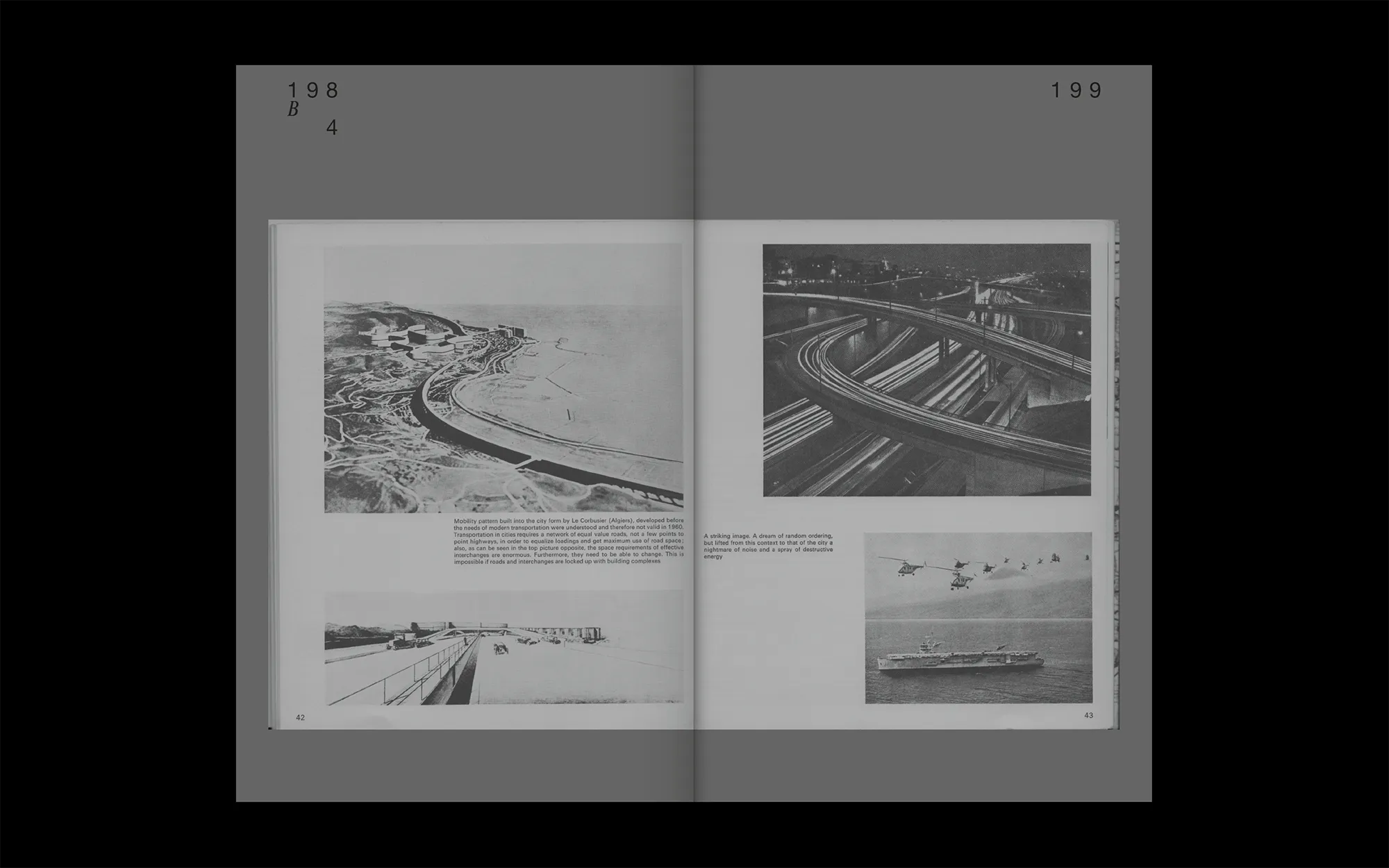 Portfolio Archive from graphic designer Laura Jouan, 2015-present. "Open book showing black and white images including a city layout with roads, a nighttime highway interchange with light trails, helicopters flying over a ship, and a coastal view."