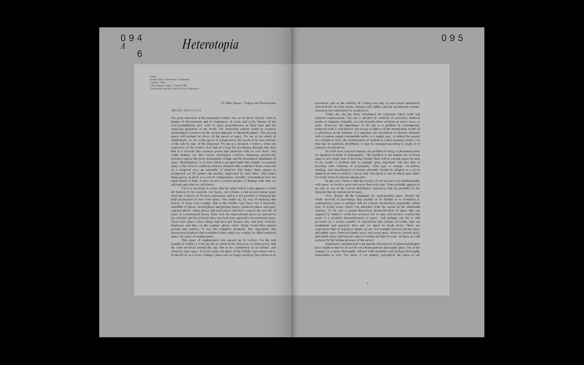 Portfolio Archive from graphic designer Laura Jouan, 2015-present. "Two pages from a book titled 'Heterotopia' featuring a dense block of text by Michel Foucault on philosophy and space concepts."