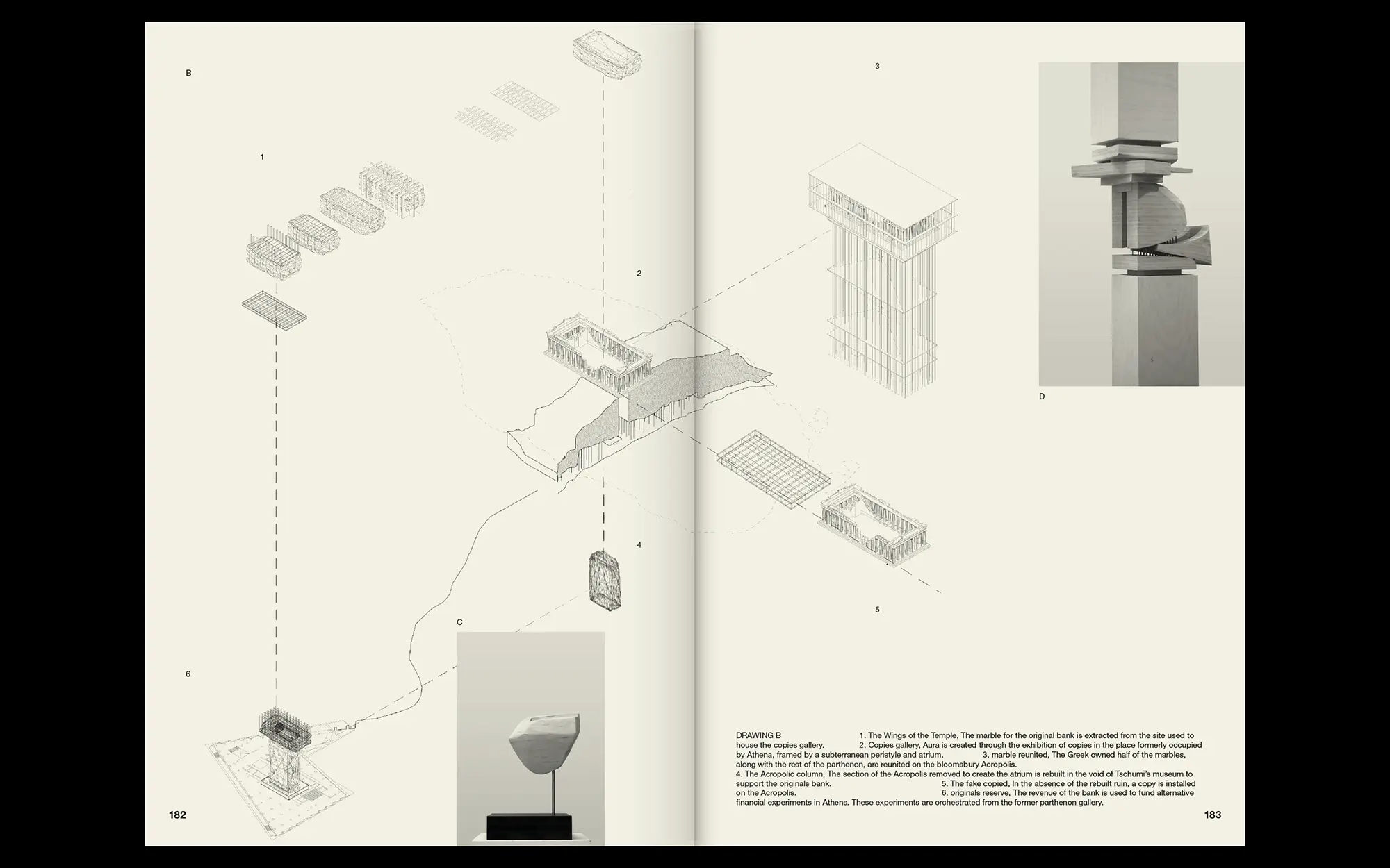 Portfolio Archive from graphic designer Laura Jouan, 2015-present. "Architectural diagram with numbered sections showing an exploded view of a gallery and Acropolis column, accompanied by two photos of sculptural wooden models and explanatory text."
