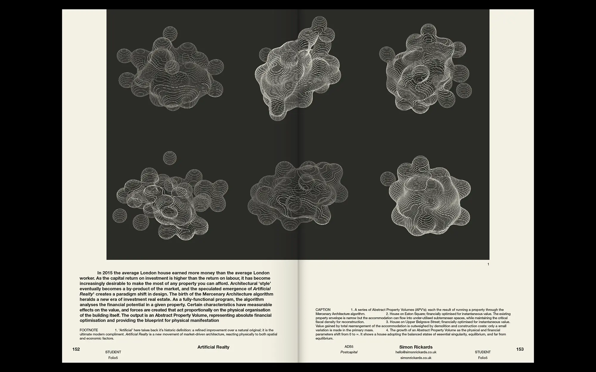 Portfolio Archive from graphic designer Laura Jouan, 2015-present. "Two-page magazine spread showing six abstract wireframe shapes on a black background above text about Abstract Property Volume and Artificial Realty in architectural design."