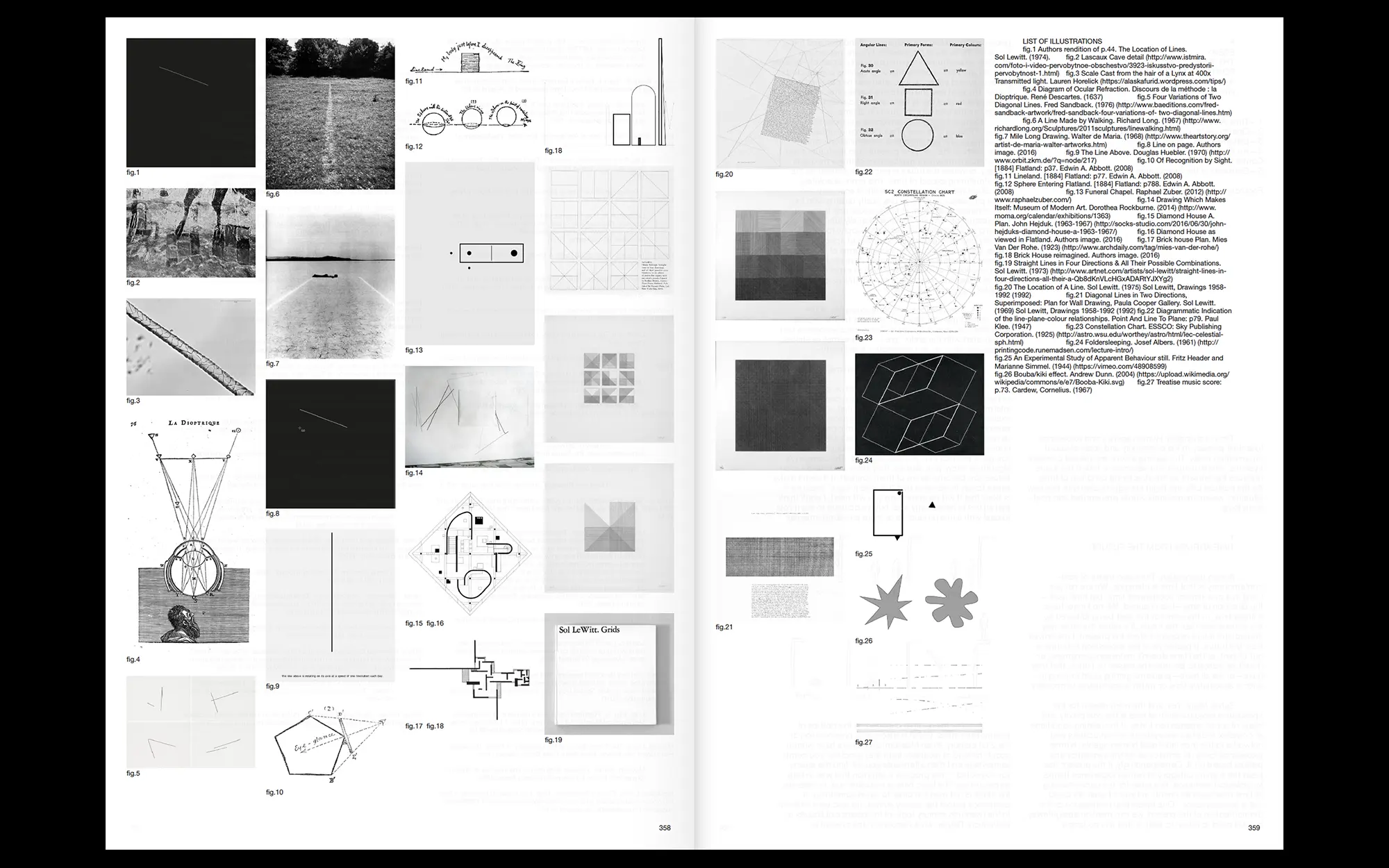 Portfolio Archive from graphic designer Laura Jouan, 2015-present. "Two-page book spread showing a list of numbered illustrations with small black-and-white photos and diagrams on left and a corresponding descriptive list on the right page."