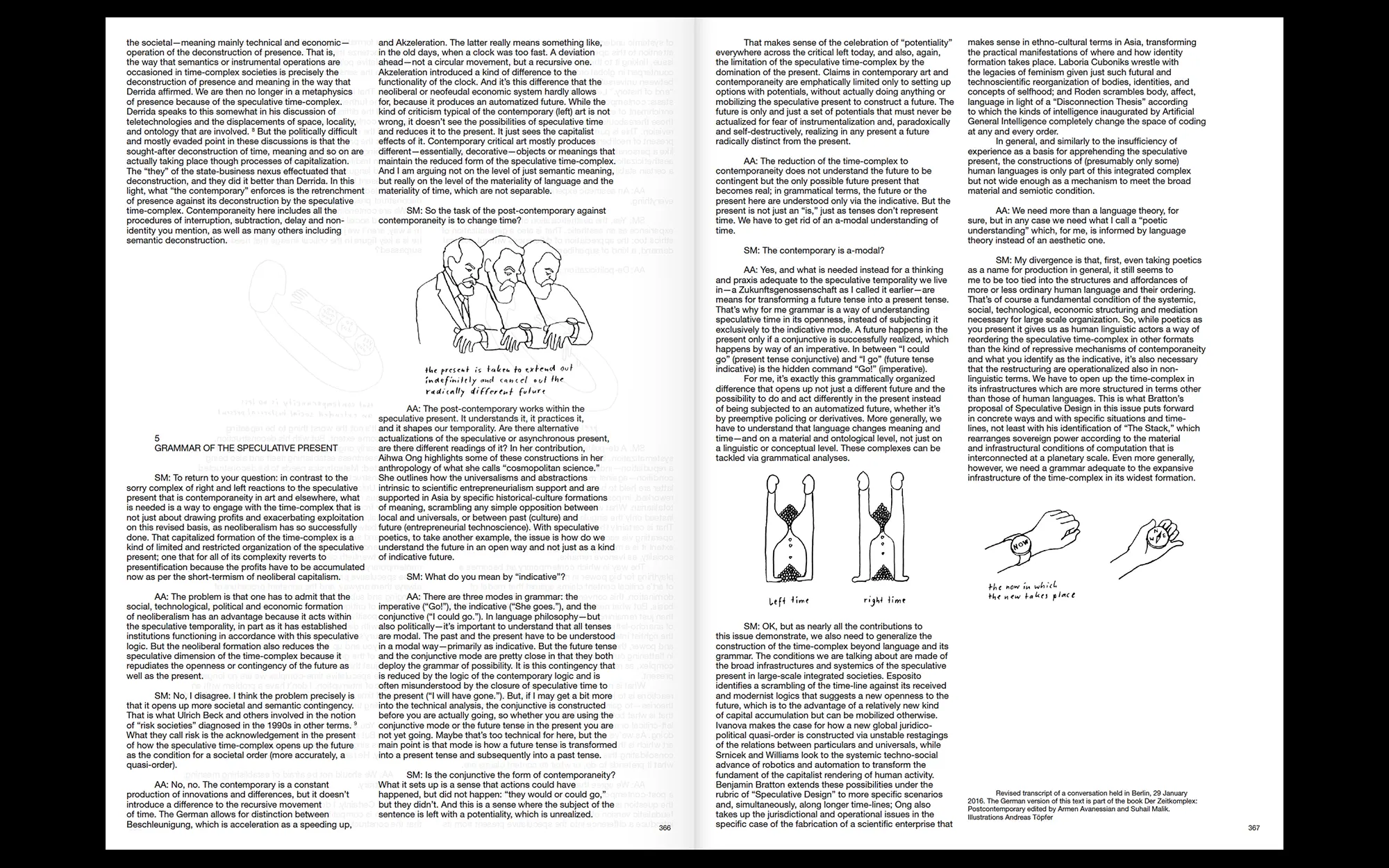 Portfolio Archive from graphic designer Laura Jouan, 2015-present. "Book pages showing dense text on speculative present grammar with three black and white illustrations including three sketches of a man in different poses, two hourglass figures labeled Left time and Right time, and a hand holding a small globe labeled now."