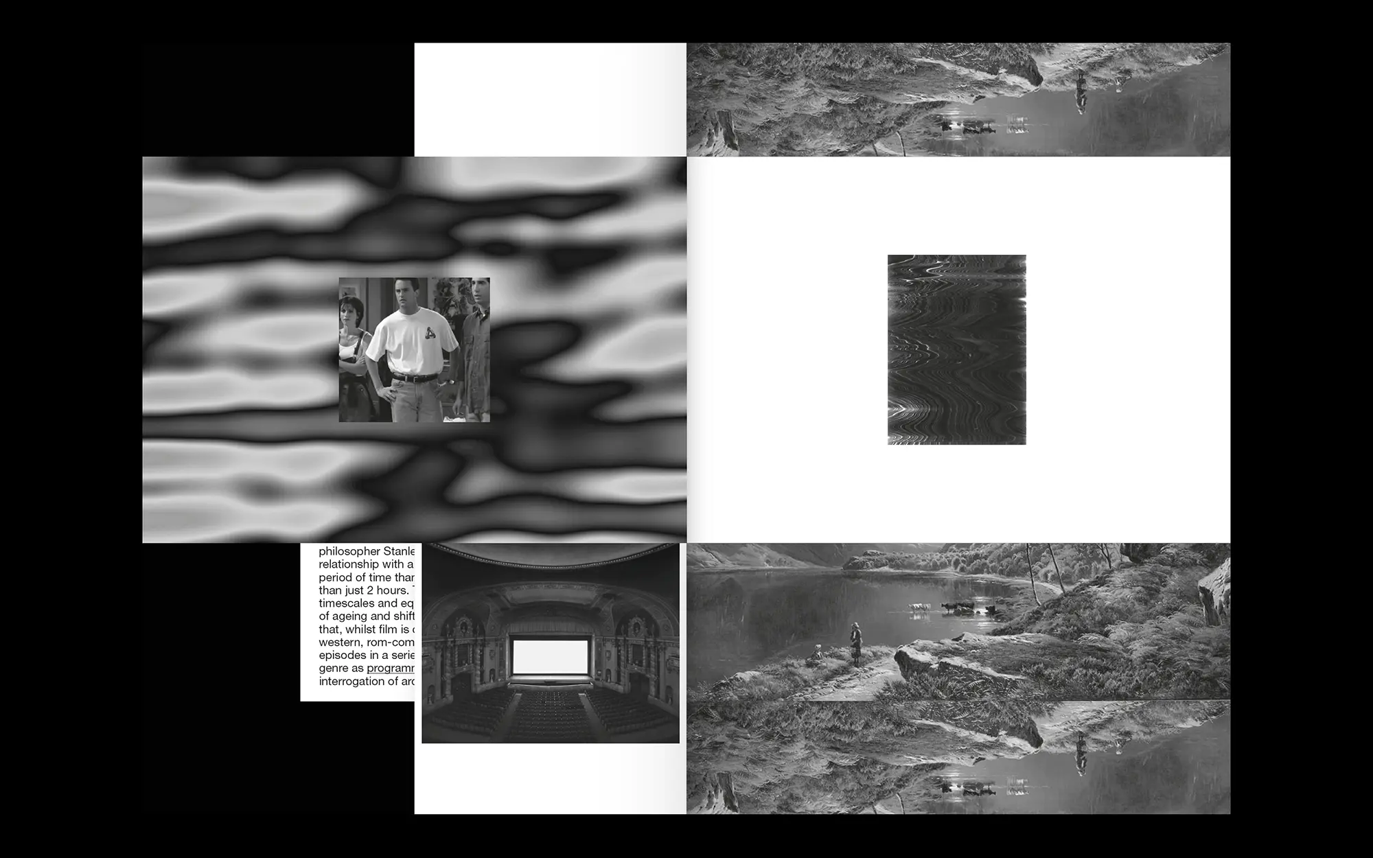 Portfolio Archive from graphic designer Laura Jouan, 2015-present. "Collage with a black-and-white photo of three people standing, an empty ornate theater, abstract wavy patterns, distorted textures, partial text, and a mirrored landscape with a lake and rocks."