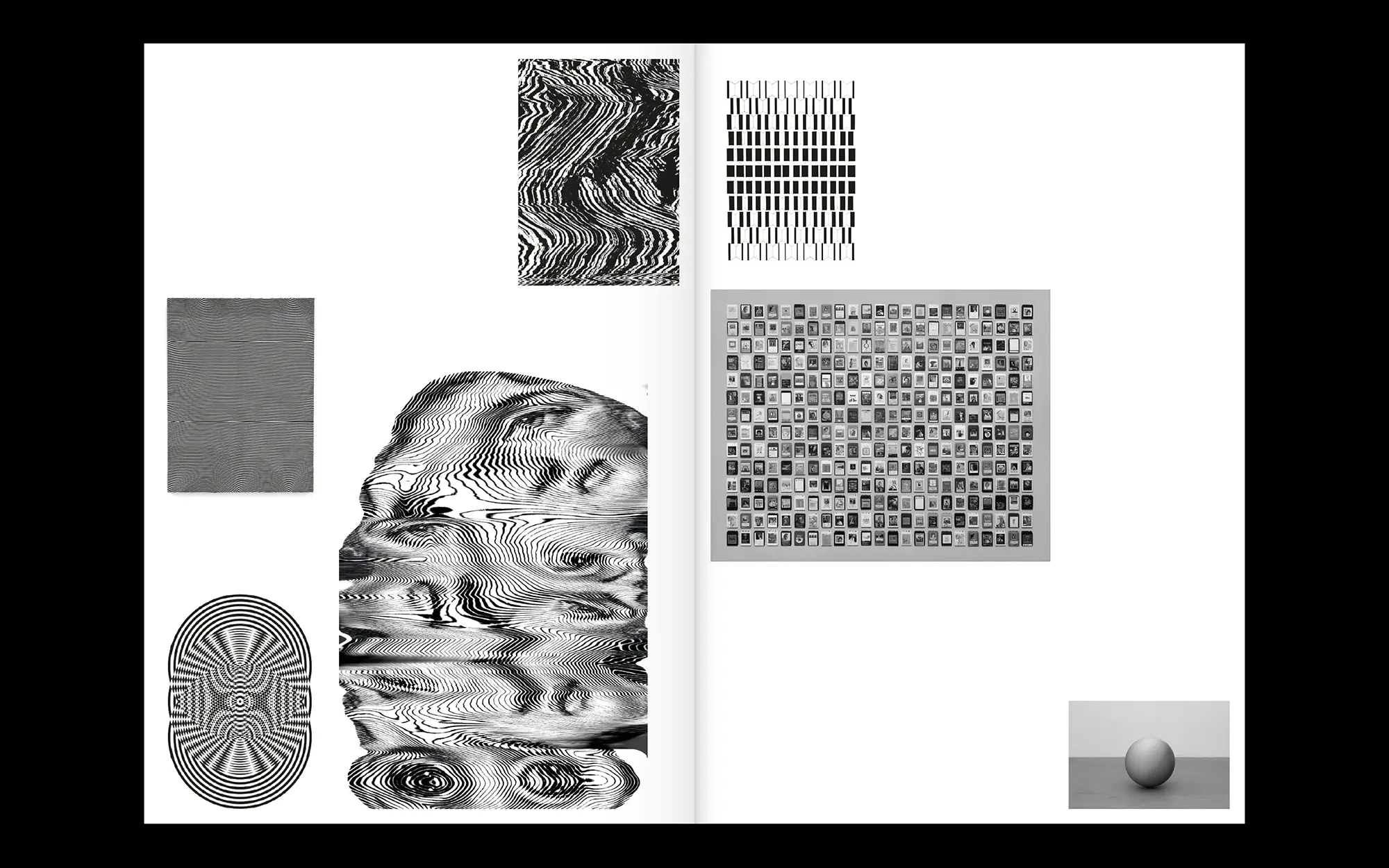 Portfolio Archive from graphic designer Laura Jouan, 2015-present. "Open book spread featuring abstract black and white geometric and wavy line art patterns, and a small photo of a gray sphere on a surface in the bottom right corner."
