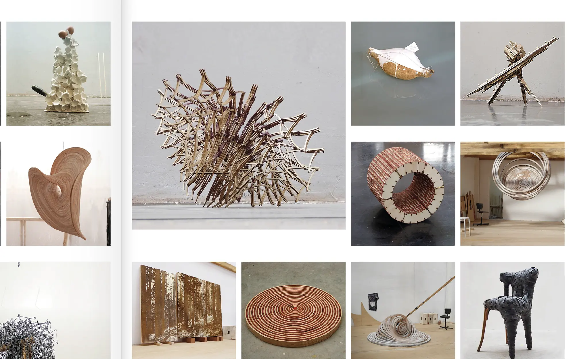 Portfolio Archive from graphic designer Laura Jouan, 2015-present. "Collage of various abstract wooden and mixed-media sculptures displayed indoors on floors and against walls."